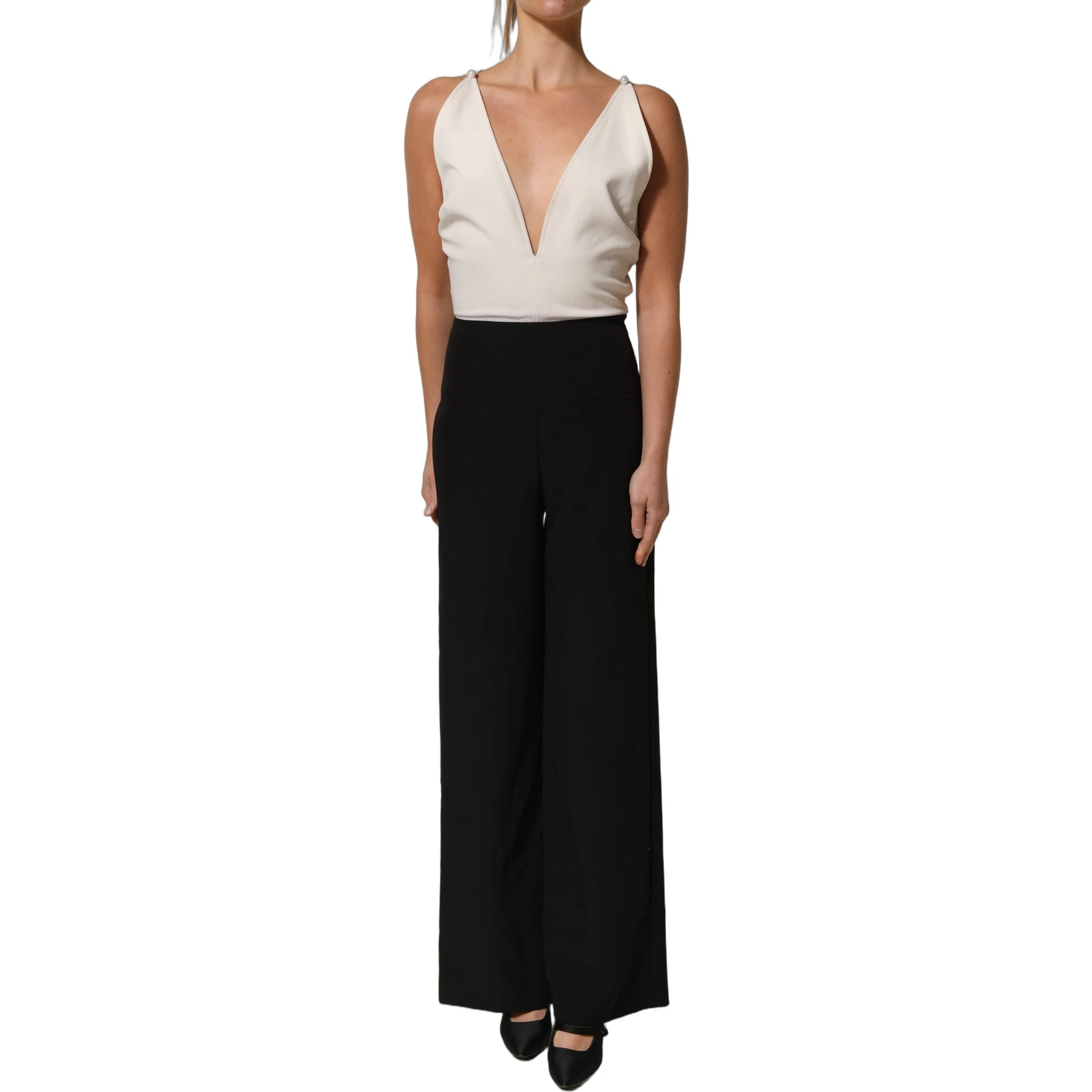 White Black Plunging Neck Sleeveless Bodysuit Dress