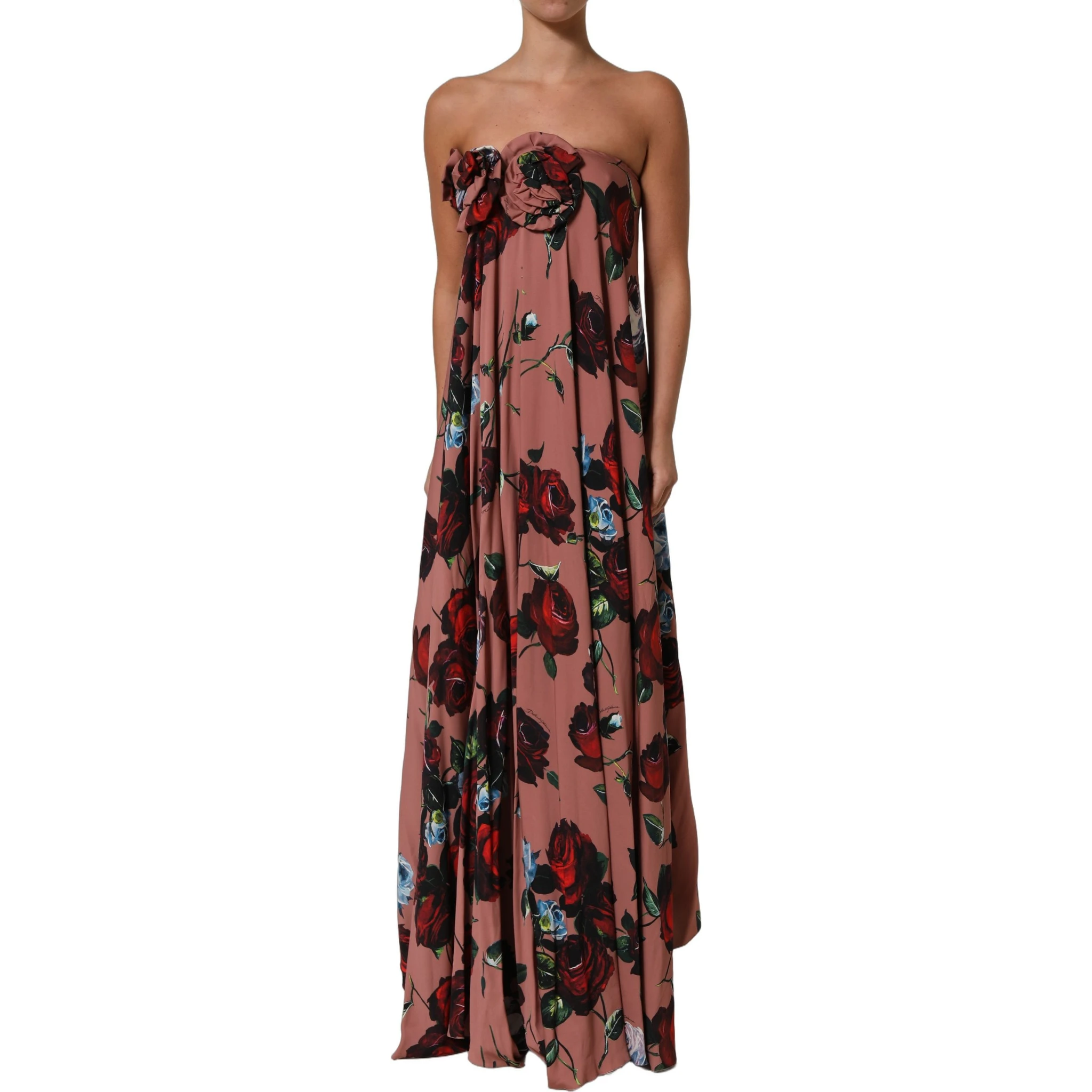 Dusty Pink Silk Floral Strapless Maxi Dress