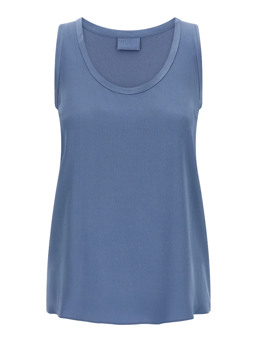 Blue Silk Sleeveles T-Shirt