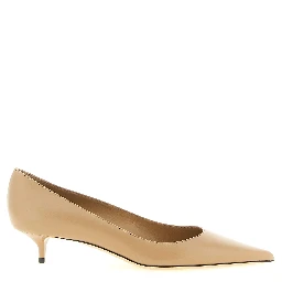 Beige Leather Mid Heel Pumps