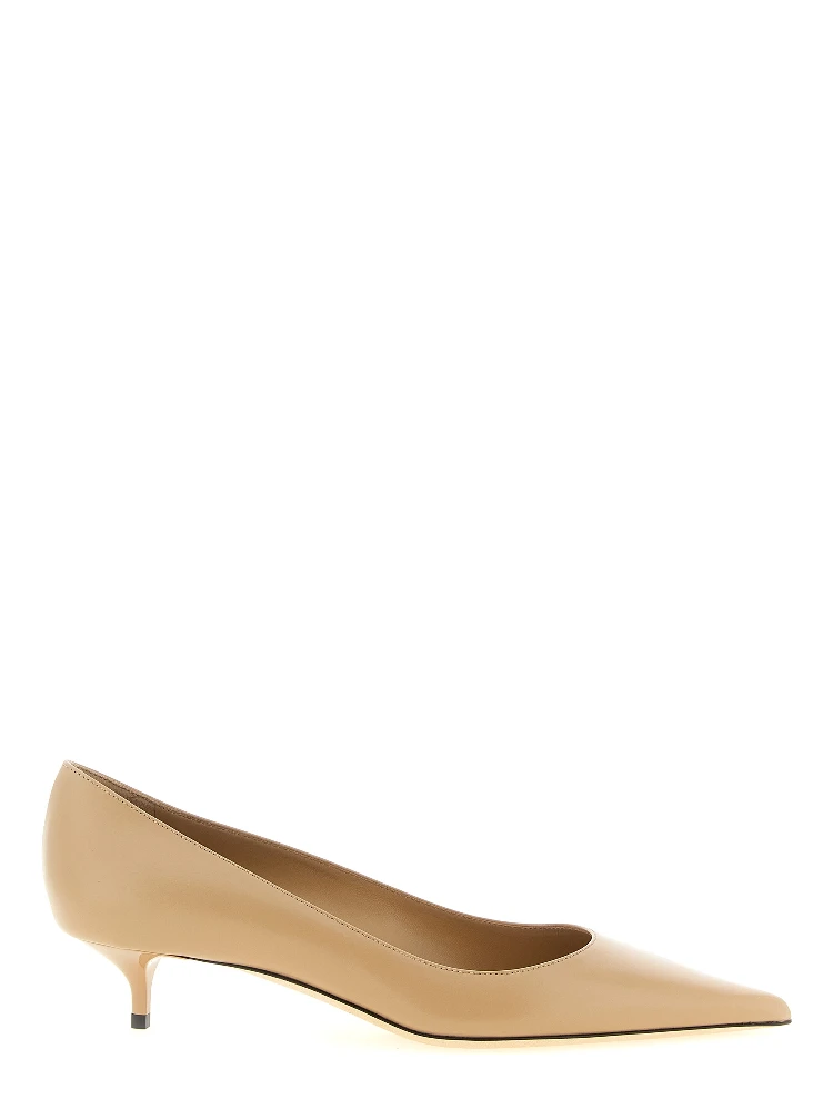 Beige Leather Mid Heel Pumps