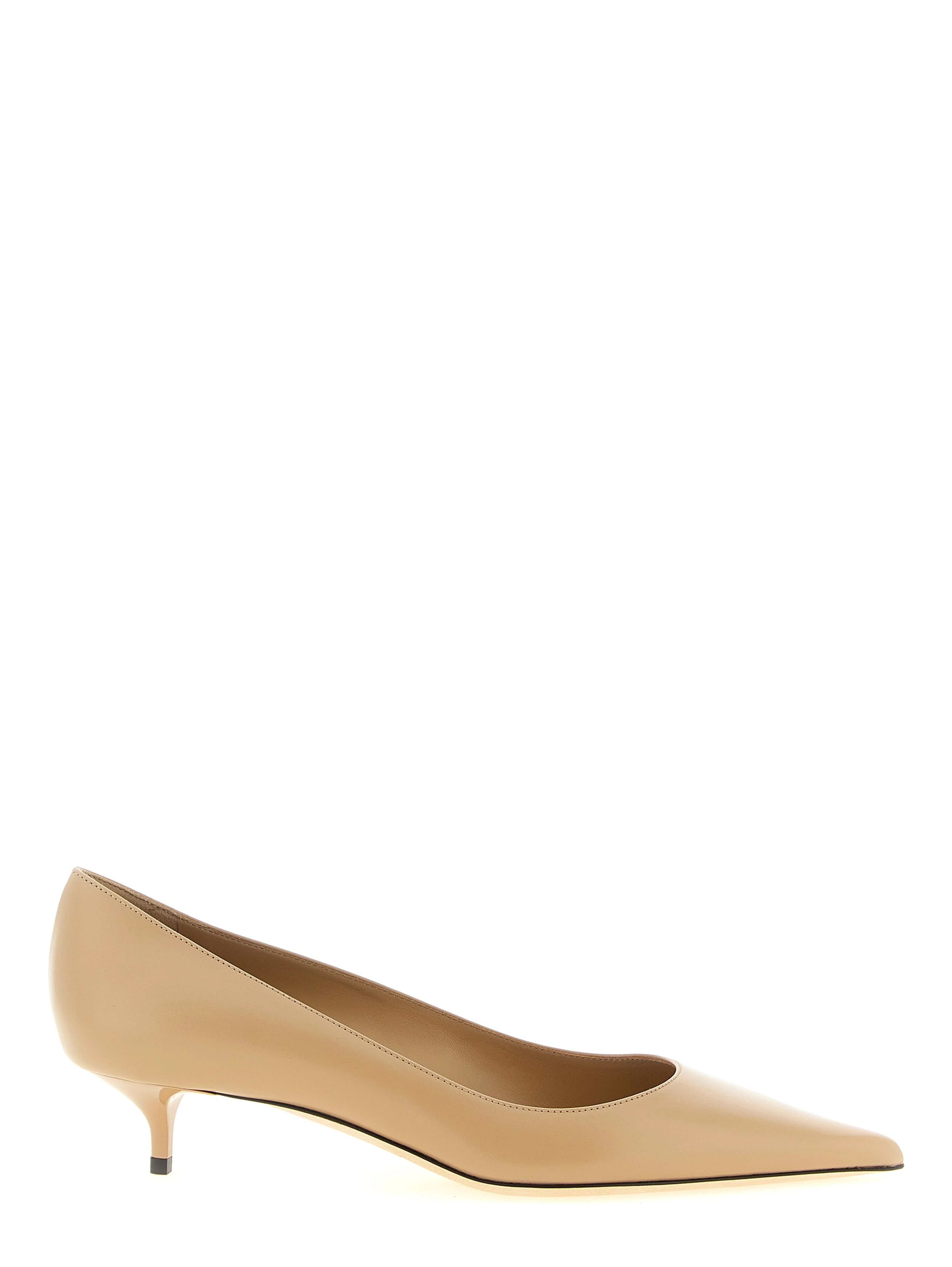 Beige Leather Mid Heel Pumps