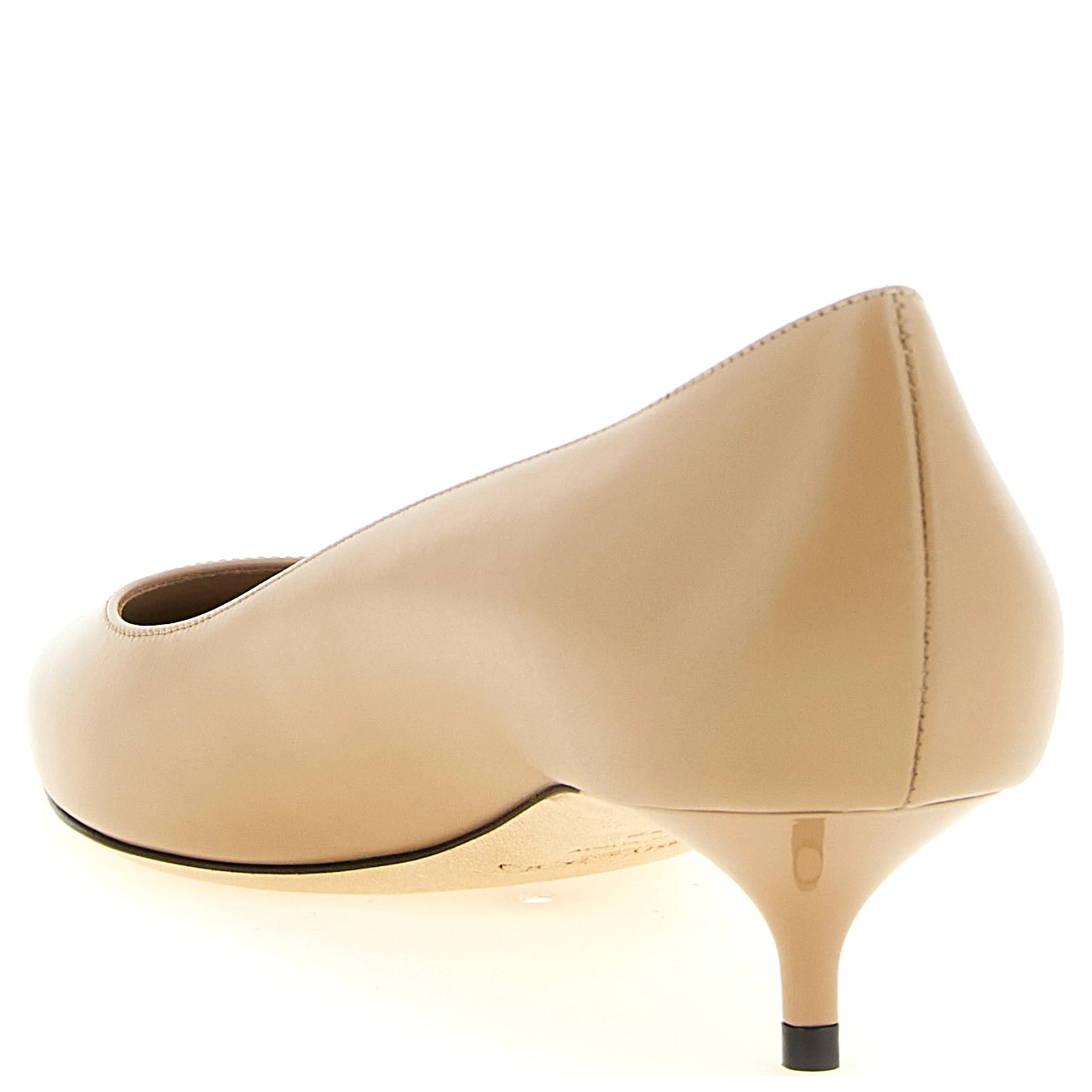Beige Leather Mid Heel Pumps