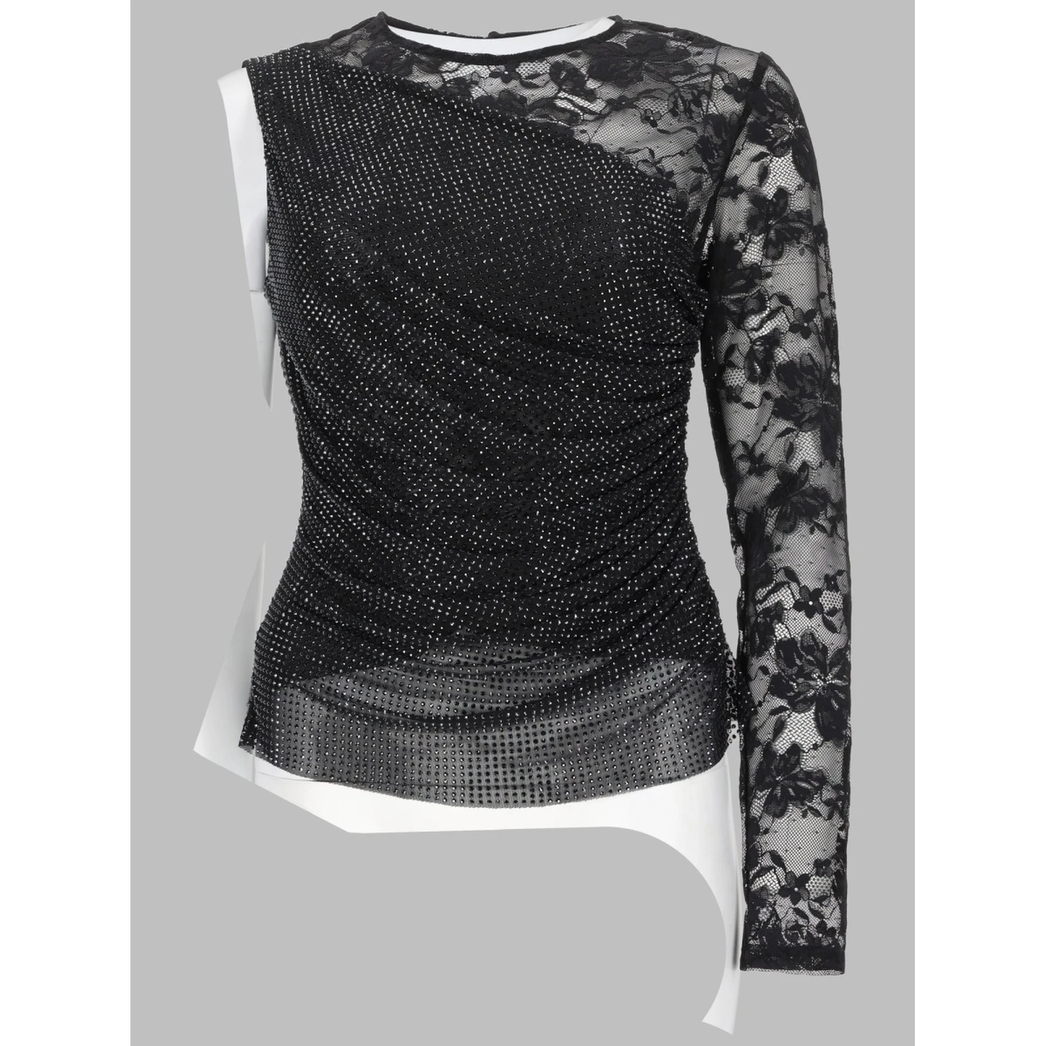 TOP MONOSPALLA CON STRASS E PIZZO