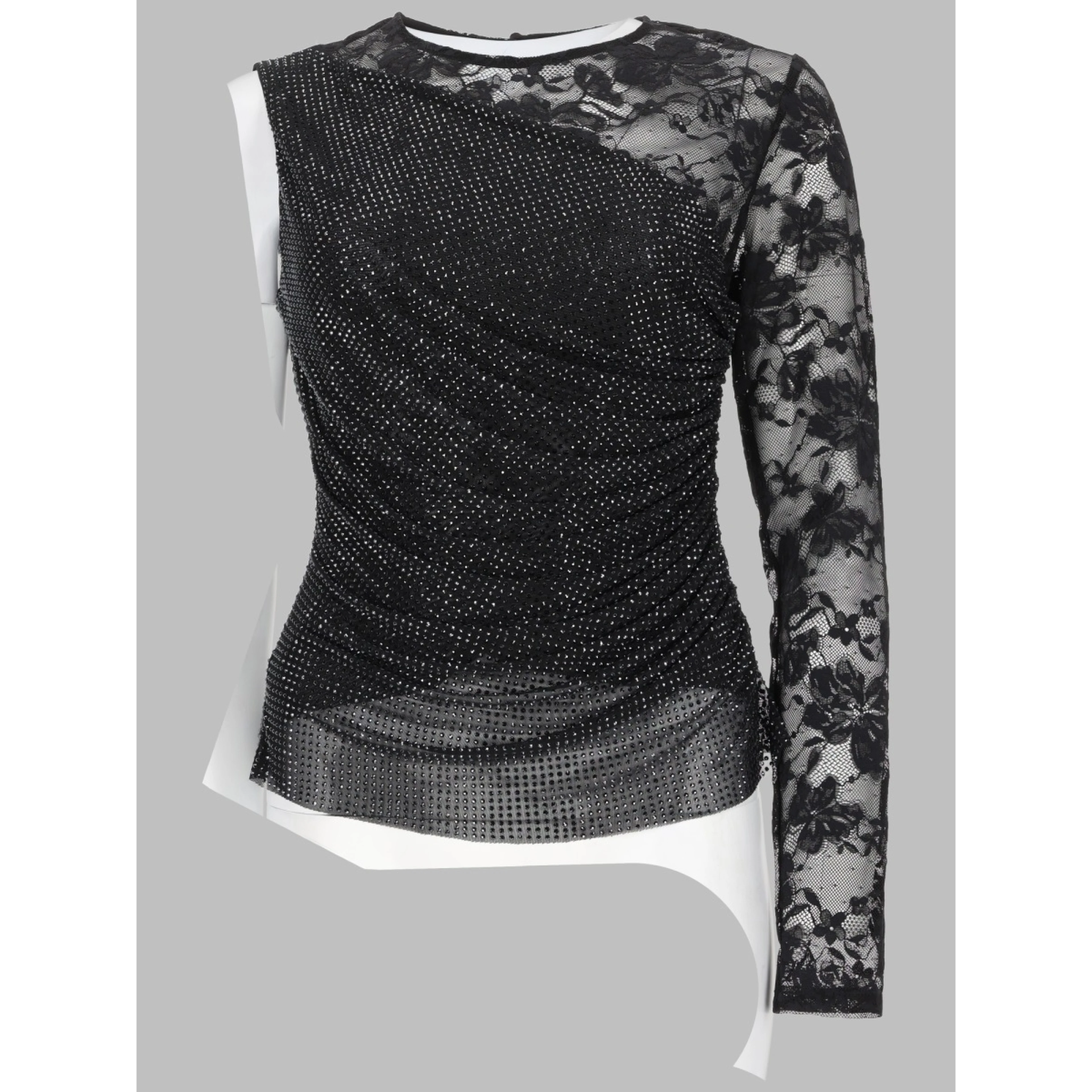 TOP MONOSPALLA CON STRASS E PIZZO