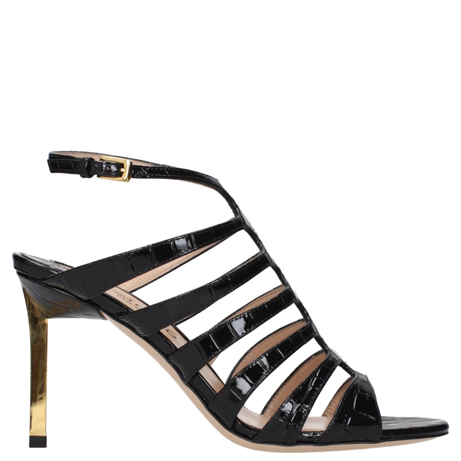 Black Leather Stiletto Heel Sandals