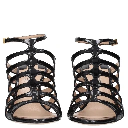 Black Leather Stiletto Heel Sandals