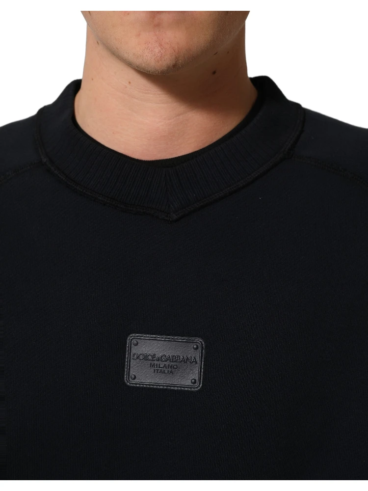 Black Logo Plaque Cotton Crew Neck Pullover Sweater