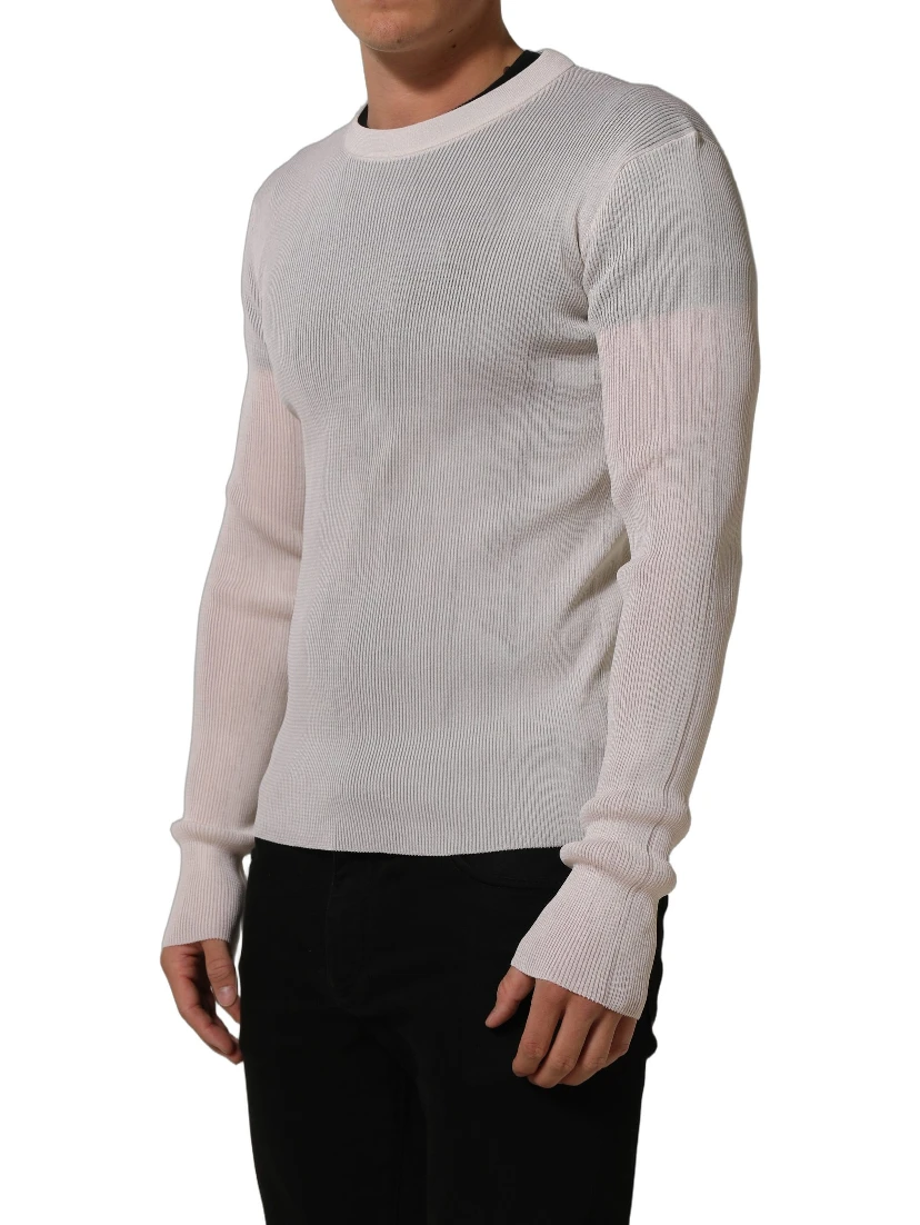 White Silk Crew Neck Men Pullover Sweater