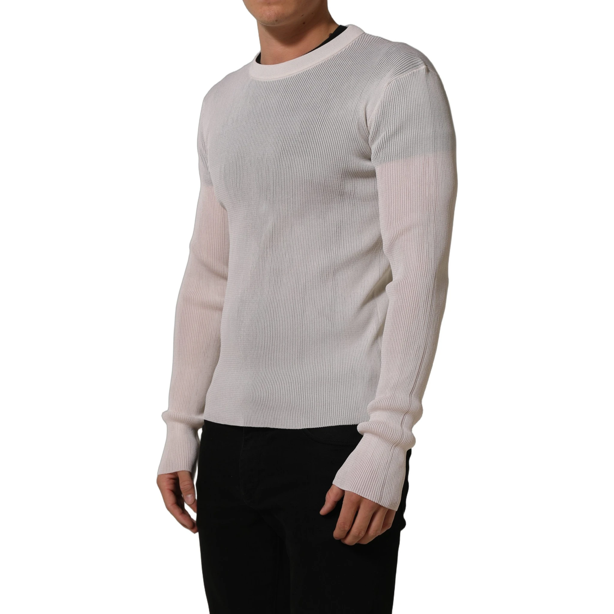 White Silk Crew Neck Men Pullover Sweater