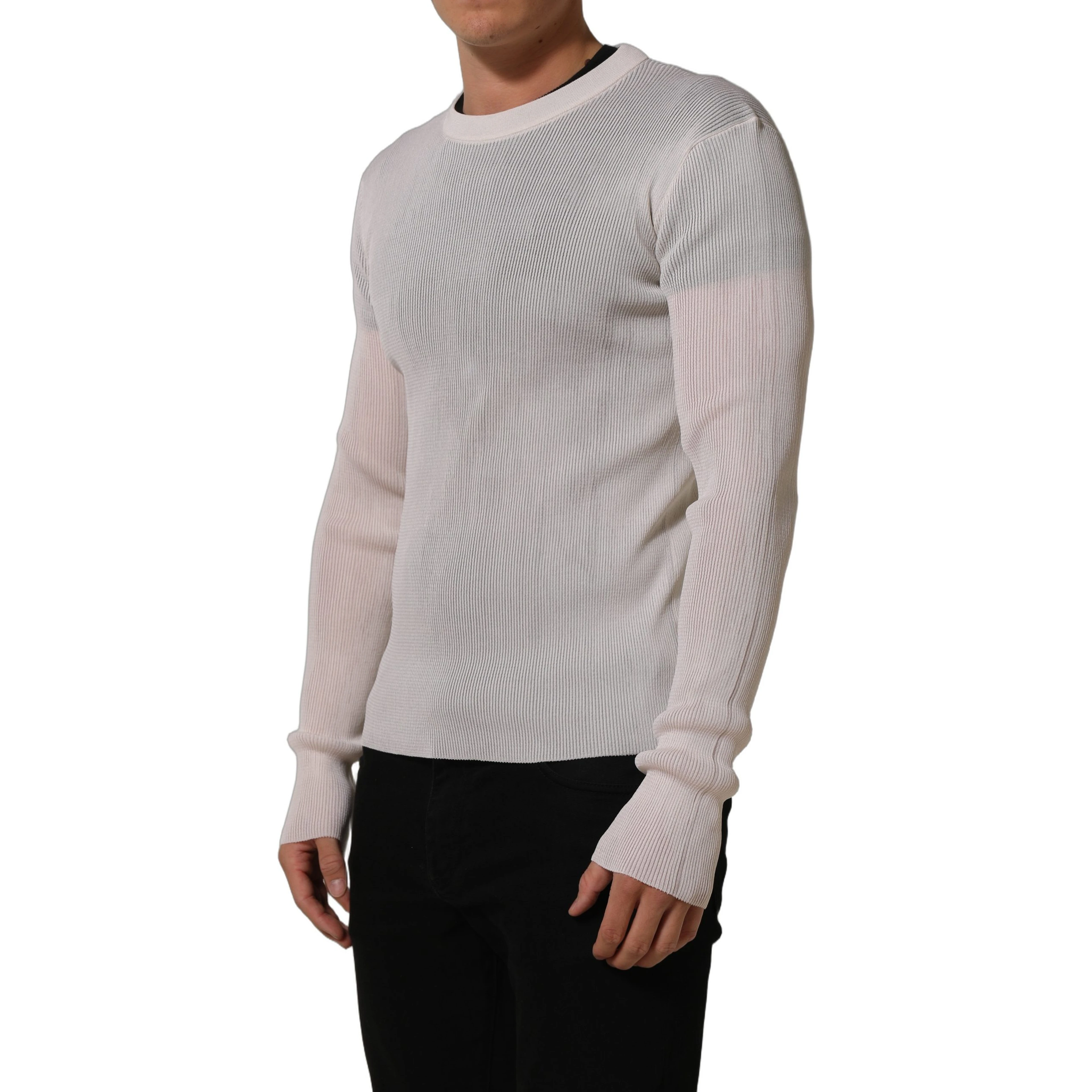 White Silk Crew Neck Men Pullover Sweater