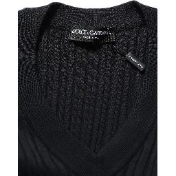 Black Silk Blend V-neck Pullover Men Sweater
