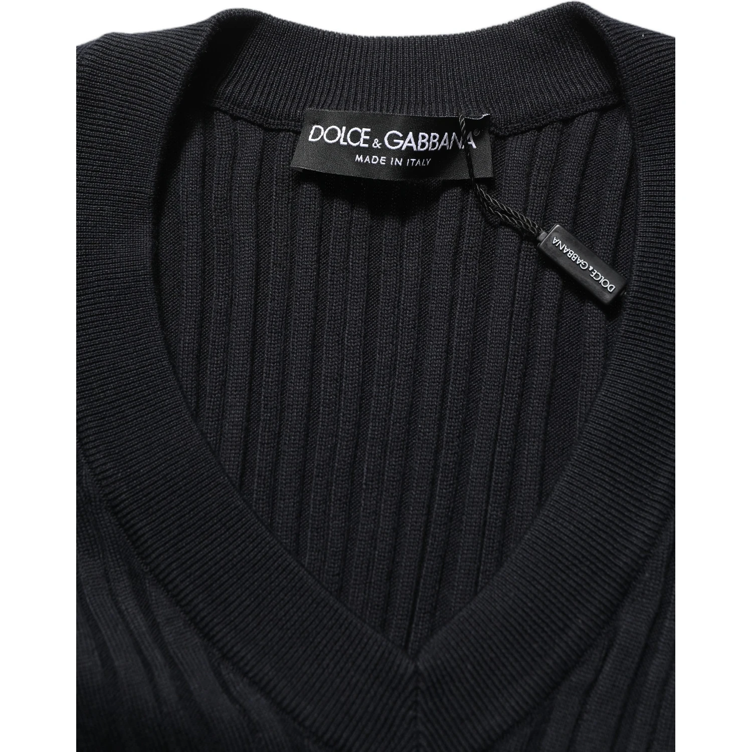 Black Silk Blend V-neck Pullover Men Sweater