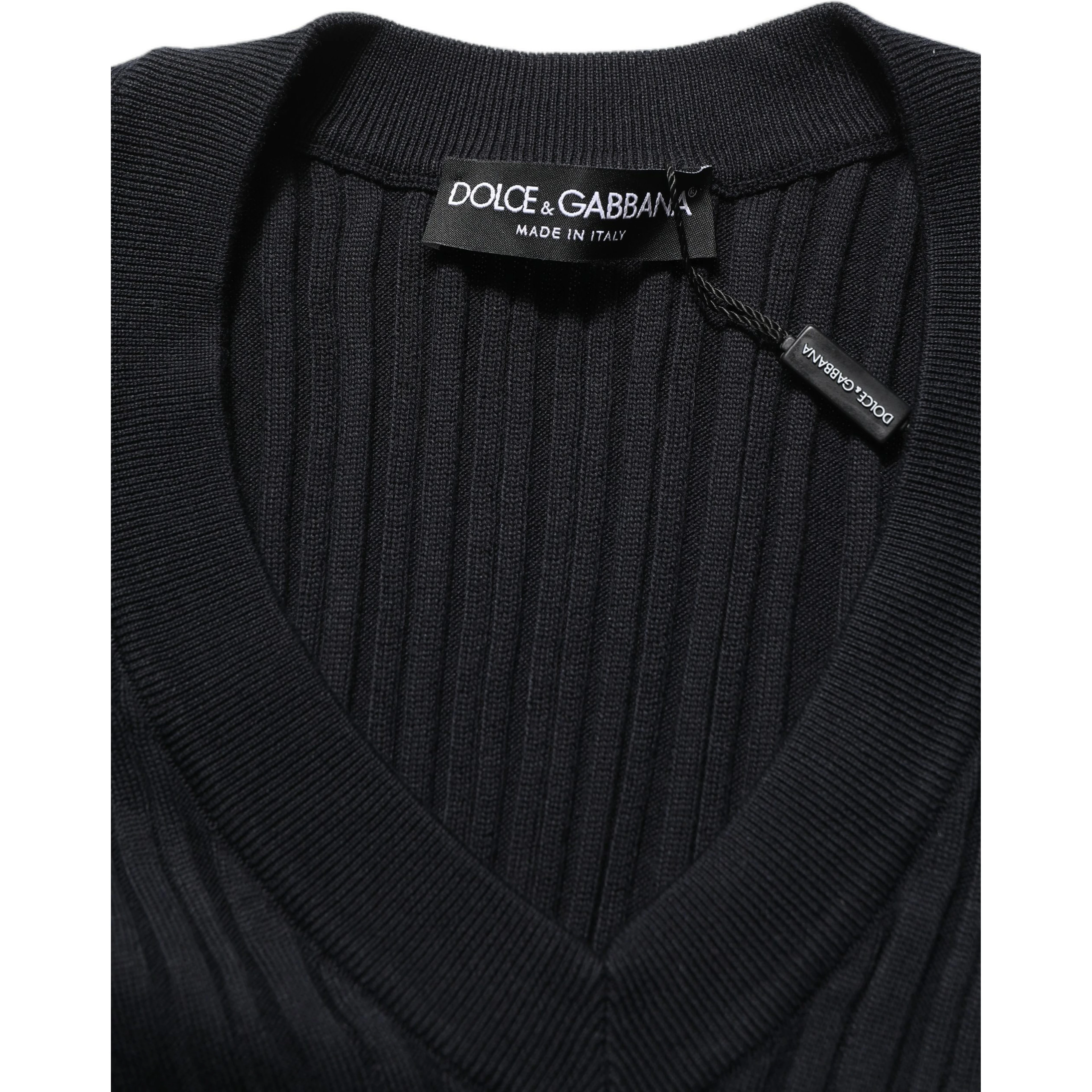 Black Silk Blend V-neck Pullover Men Sweater