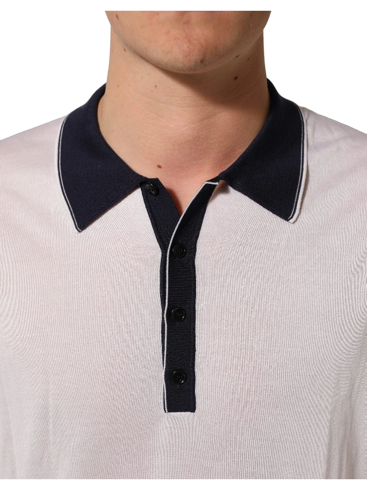 White Silk Collared Henley Pullover Sweater