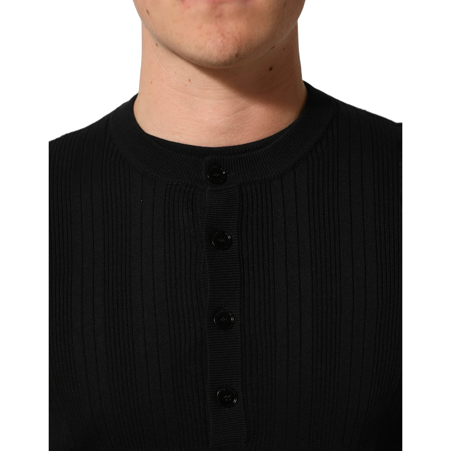 Black Silk Blend Henley Pullover Men Sweater