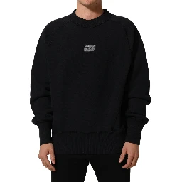 Black Logo Plaque Cotton Crew Neck Pullover Sweater
