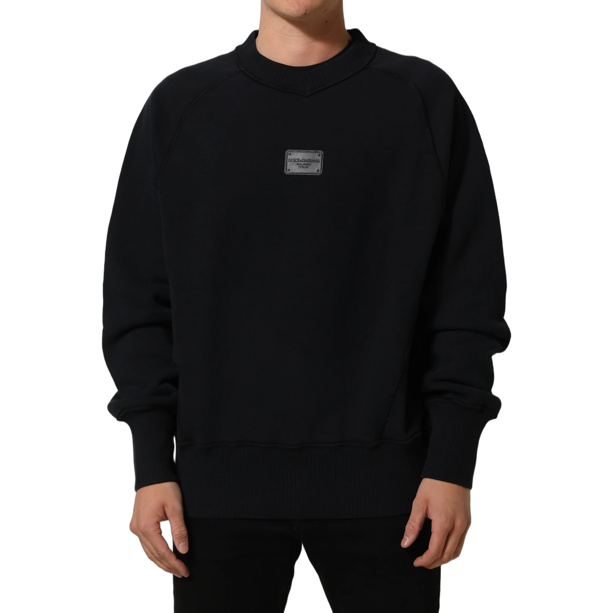 Black Logo Plaque Cotton Crew Neck Pullover Sweater