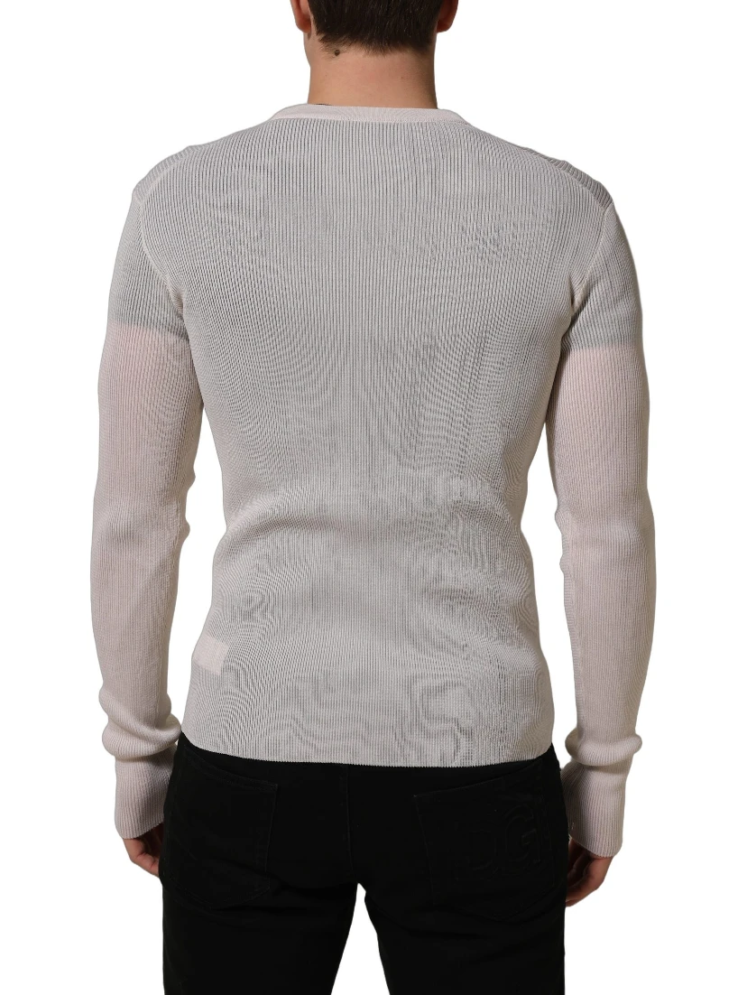 White Silk Crew Neck Men Pullover Sweater