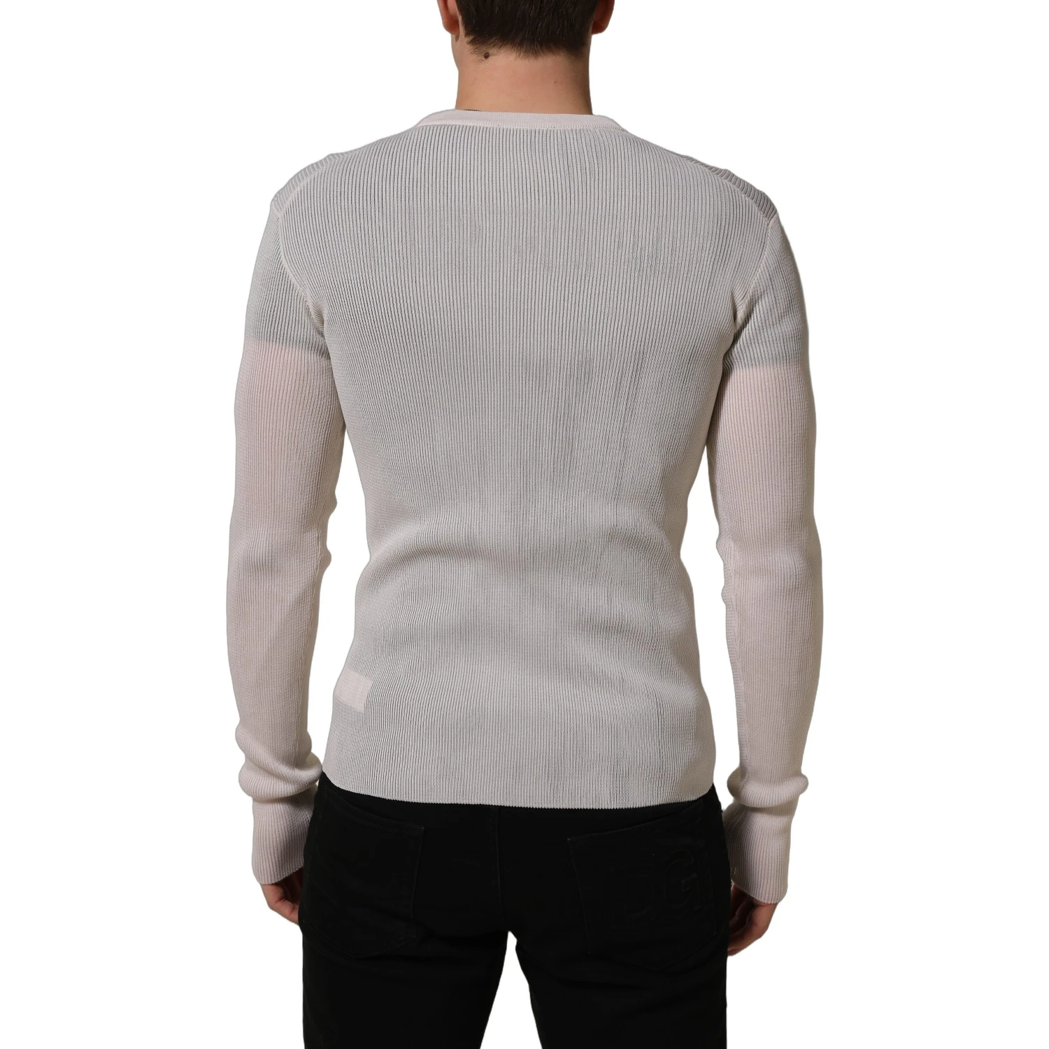 White Silk Crew Neck Men Pullover Sweater
