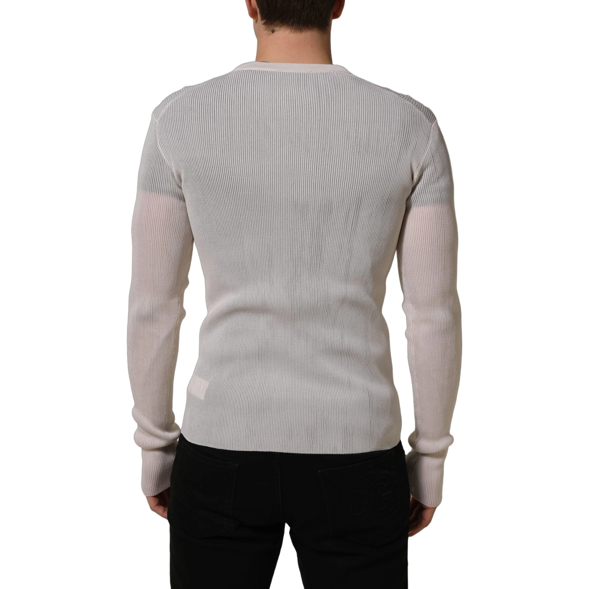 White Silk Crew Neck Men Pullover Sweater