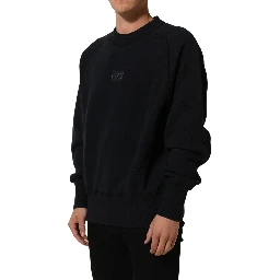 Black Logo Plaque Cotton Crew Neck Pullover Sweater