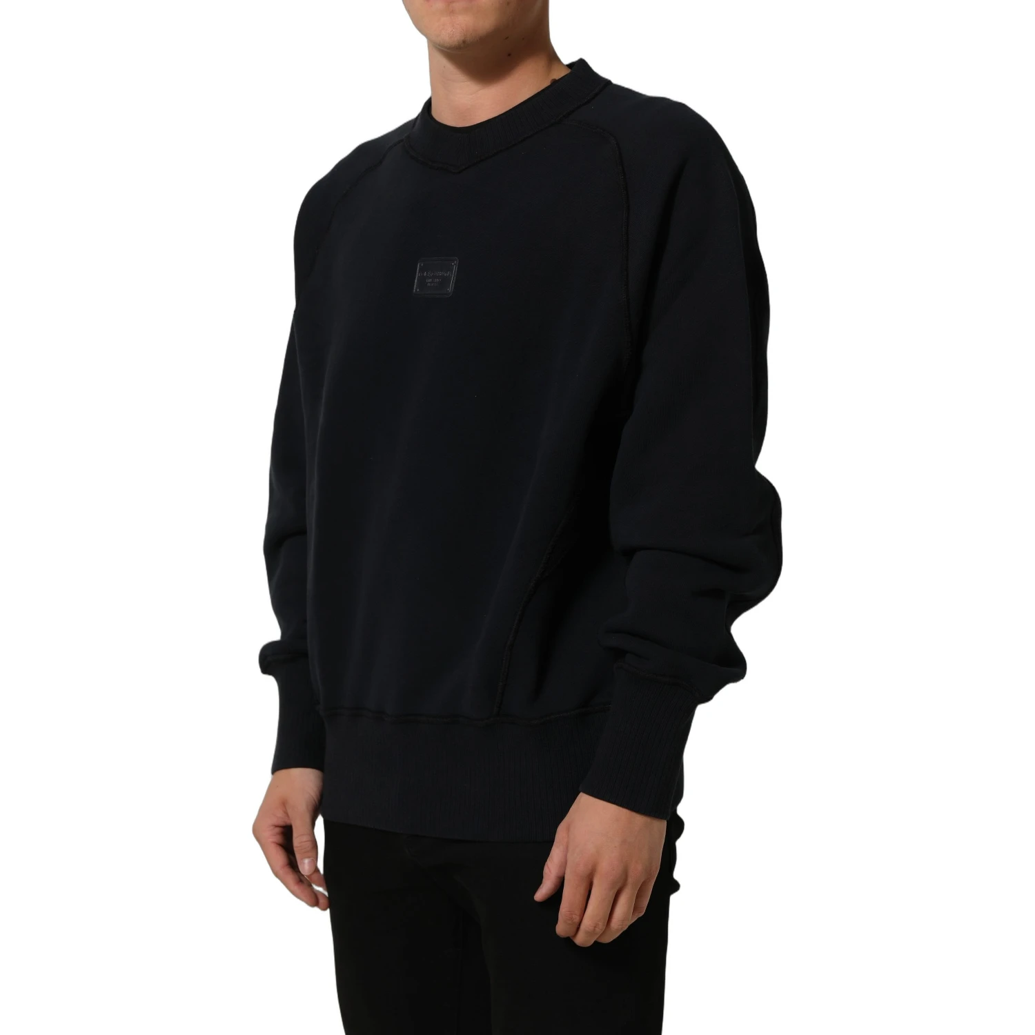 Black Logo Plaque Cotton Crew Neck Pullover Sweater