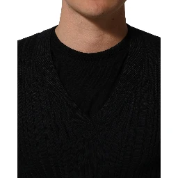 Black Silk Blend V-neck Pullover Men Sweater