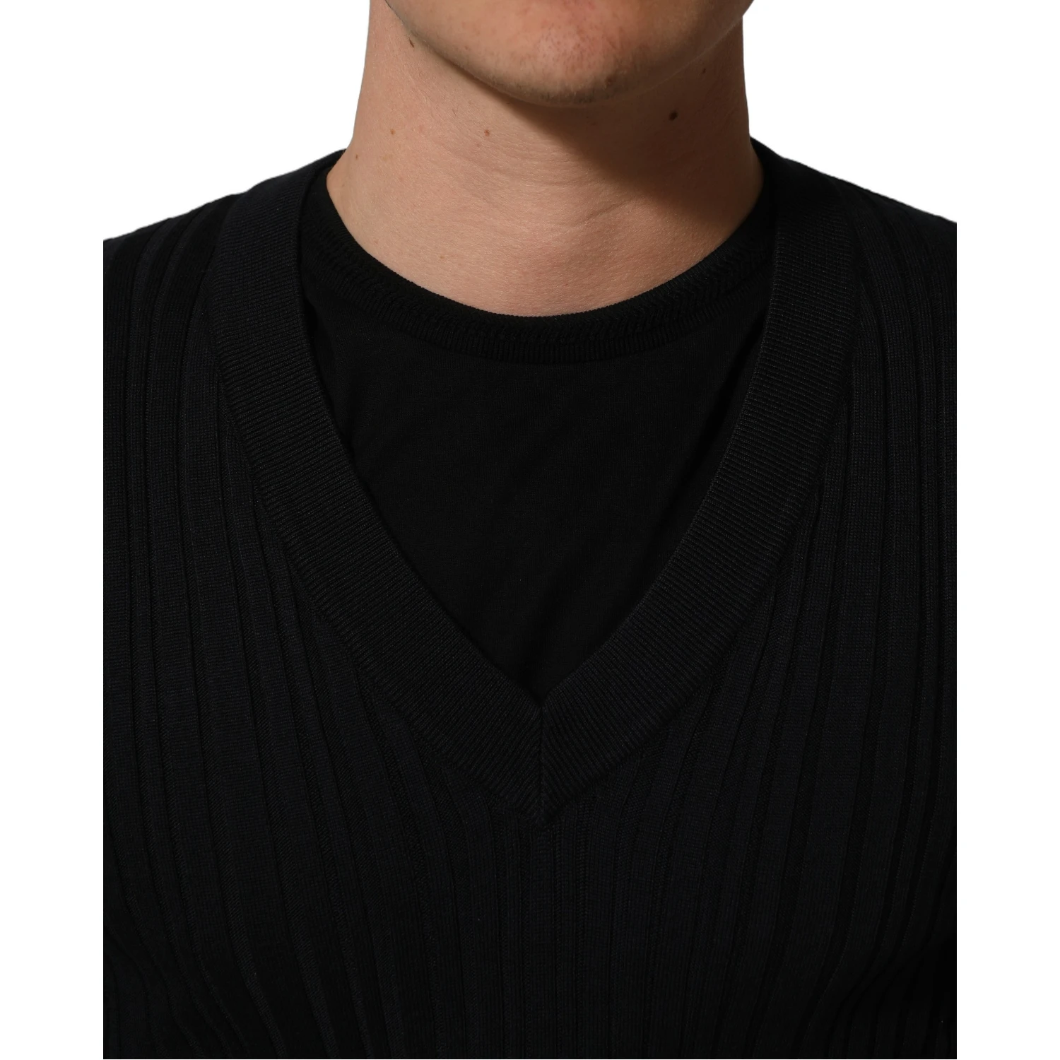 Black Silk Blend V-neck Pullover Men Sweater