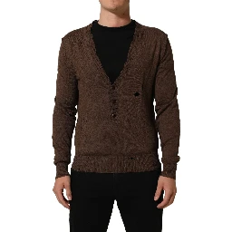 Brown Flax Buttoned V-neck Pullover Sweater