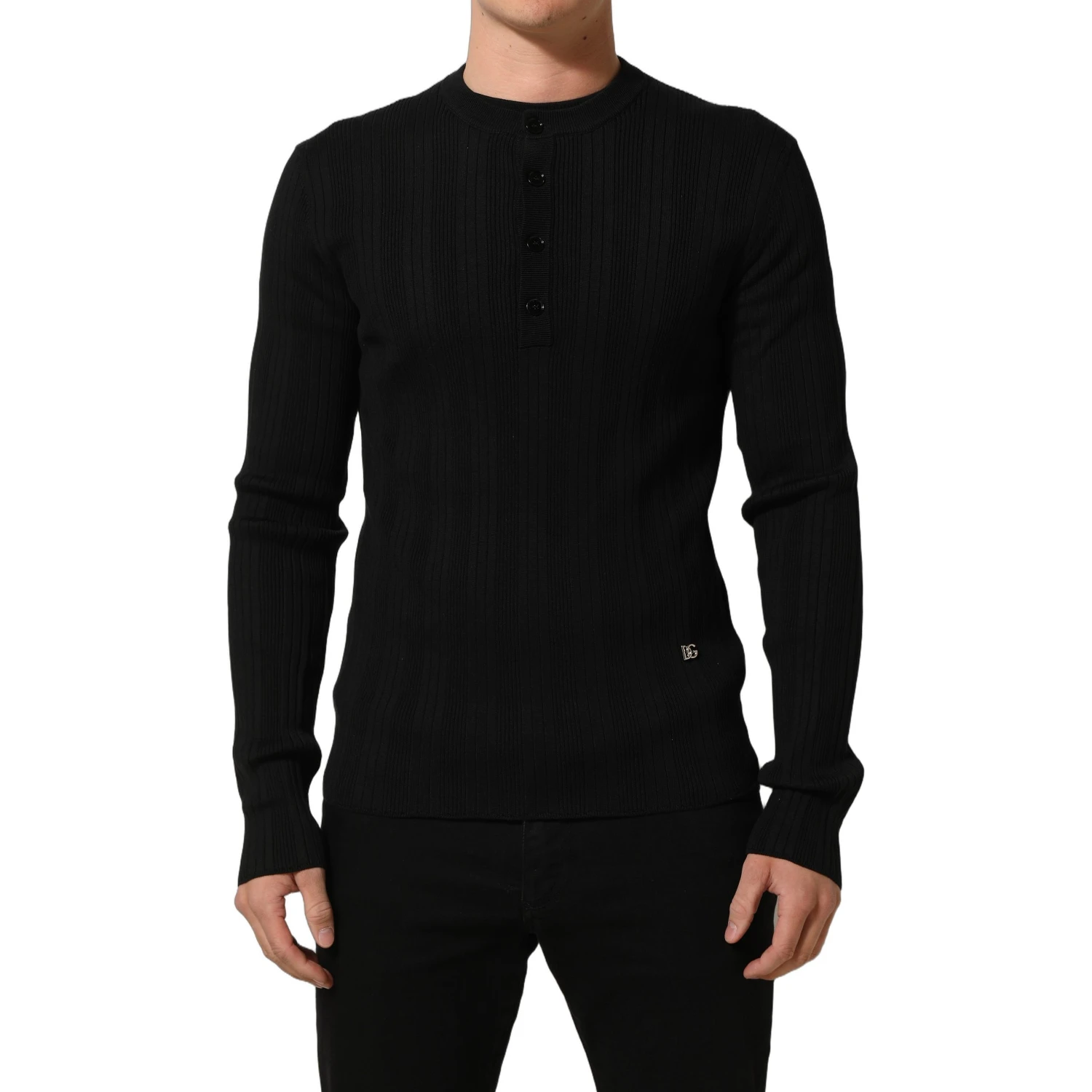 Black Silk Blend Henley Pullover Men Sweater