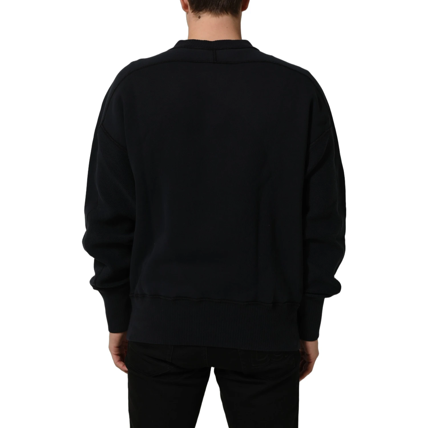 Black Logo Plaque Cotton Crew Neck Pullover Sweater