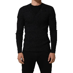 Black Silk Blend V-neck Pullover Men Sweater
