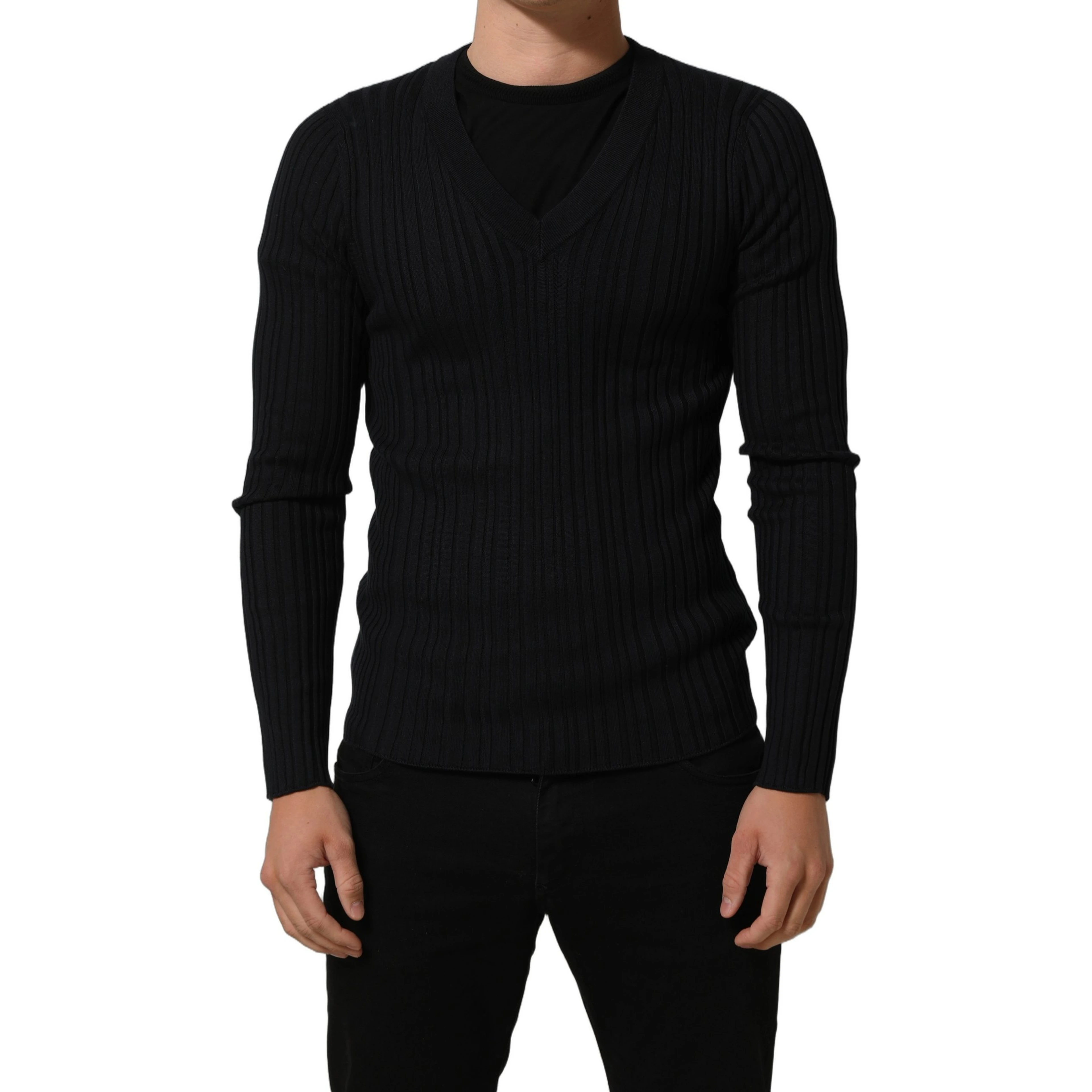 Black Silk Blend V-neck Pullover Men Sweater