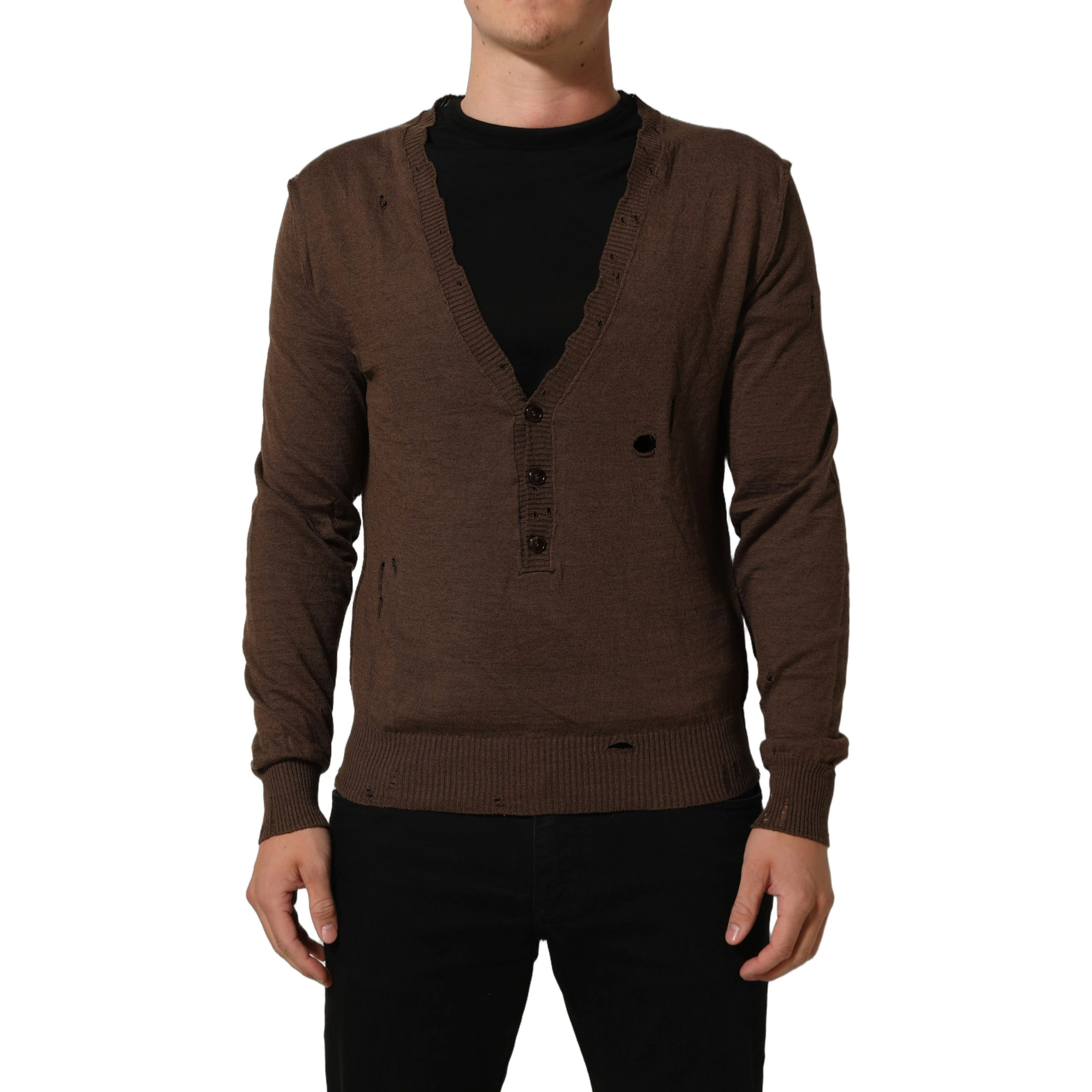 Brown Flax Buttoned V-neck Pullover Sweater
