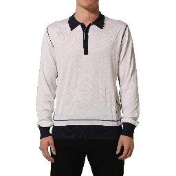 White Silk Collared Henley Pullover Sweater