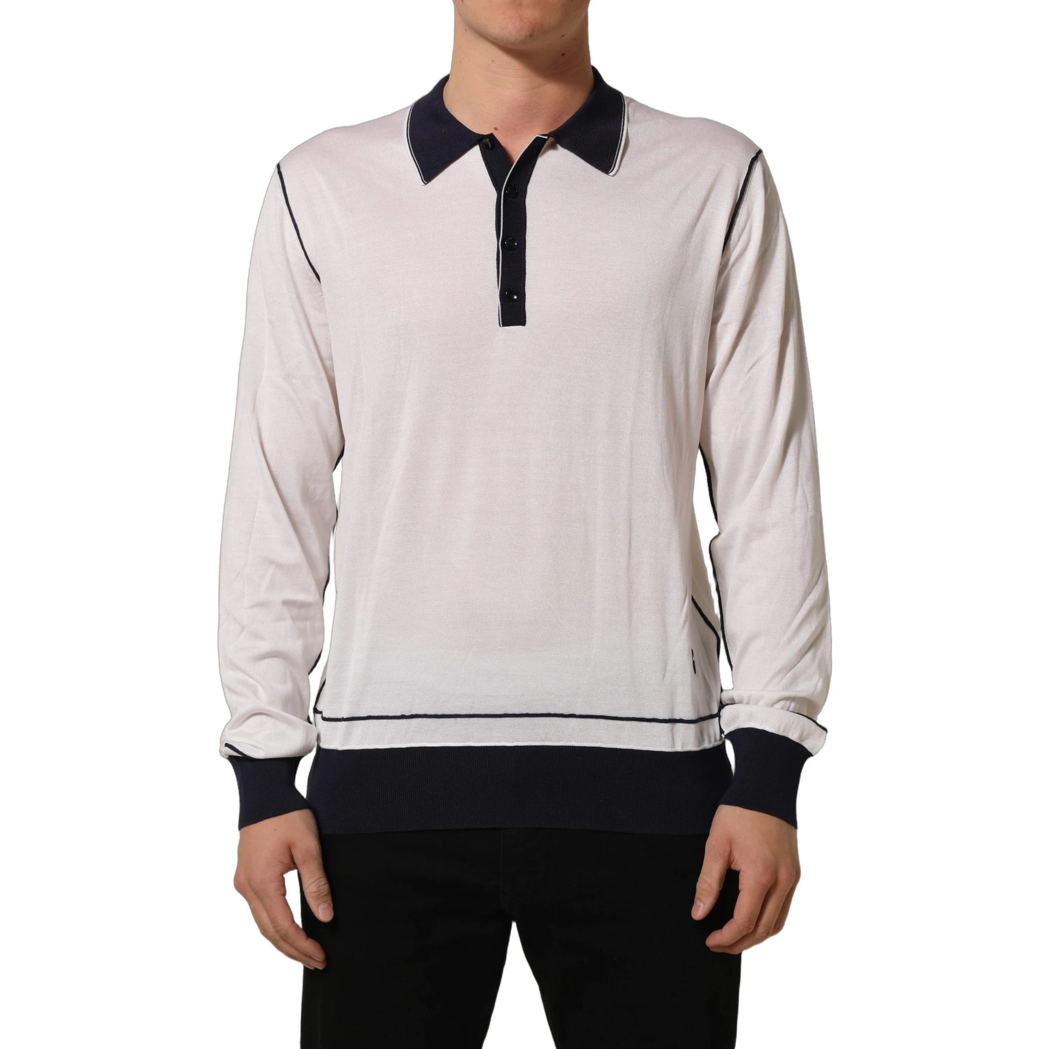 White Silk Collared Henley Pullover Sweater
