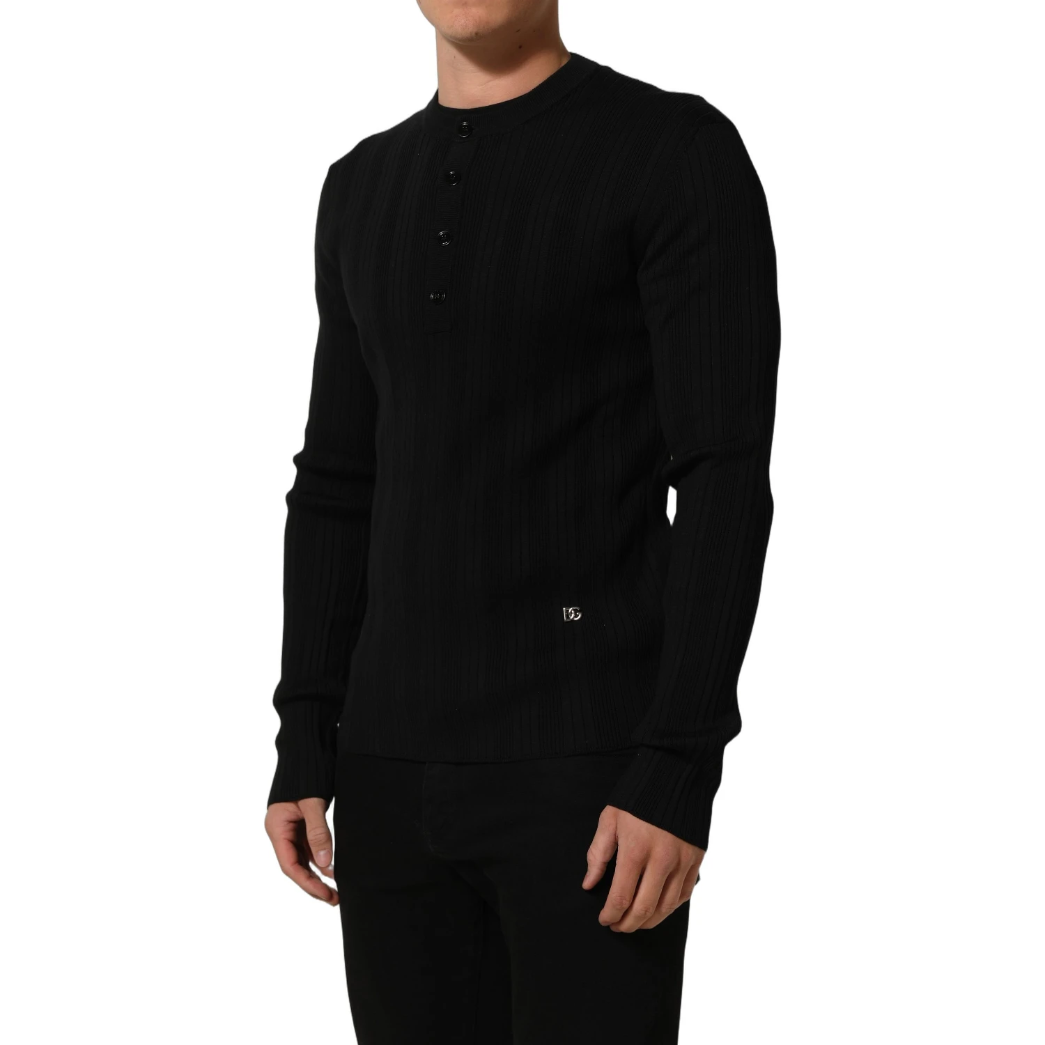 Black Silk Blend Henley Pullover Men Sweater