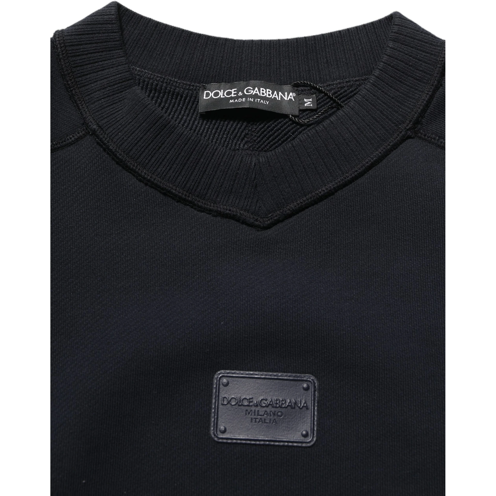 Black Logo Plaque Cotton Crew Neck Pullover Sweater
