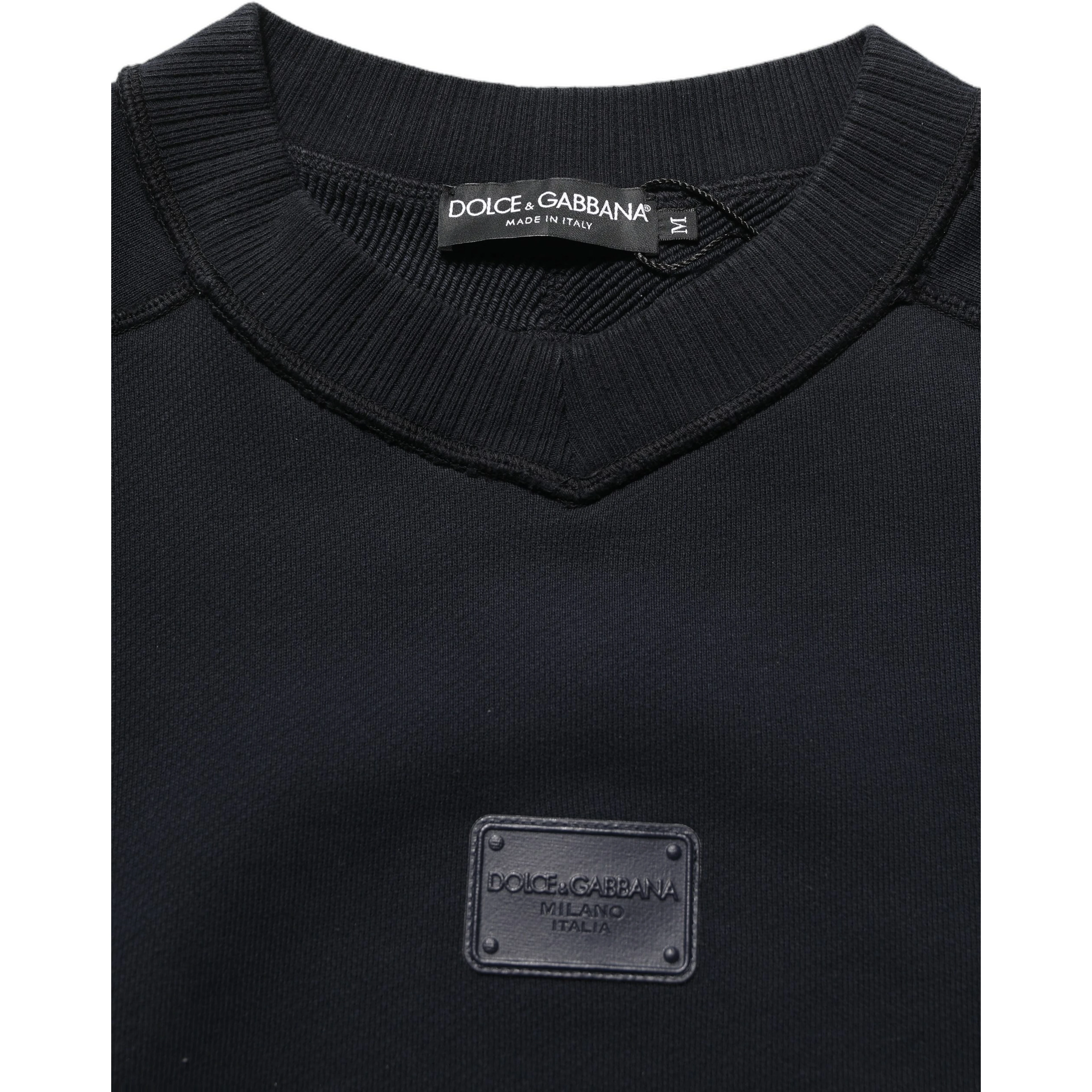 Black Logo Plaque Cotton Crew Neck Pullover Sweater