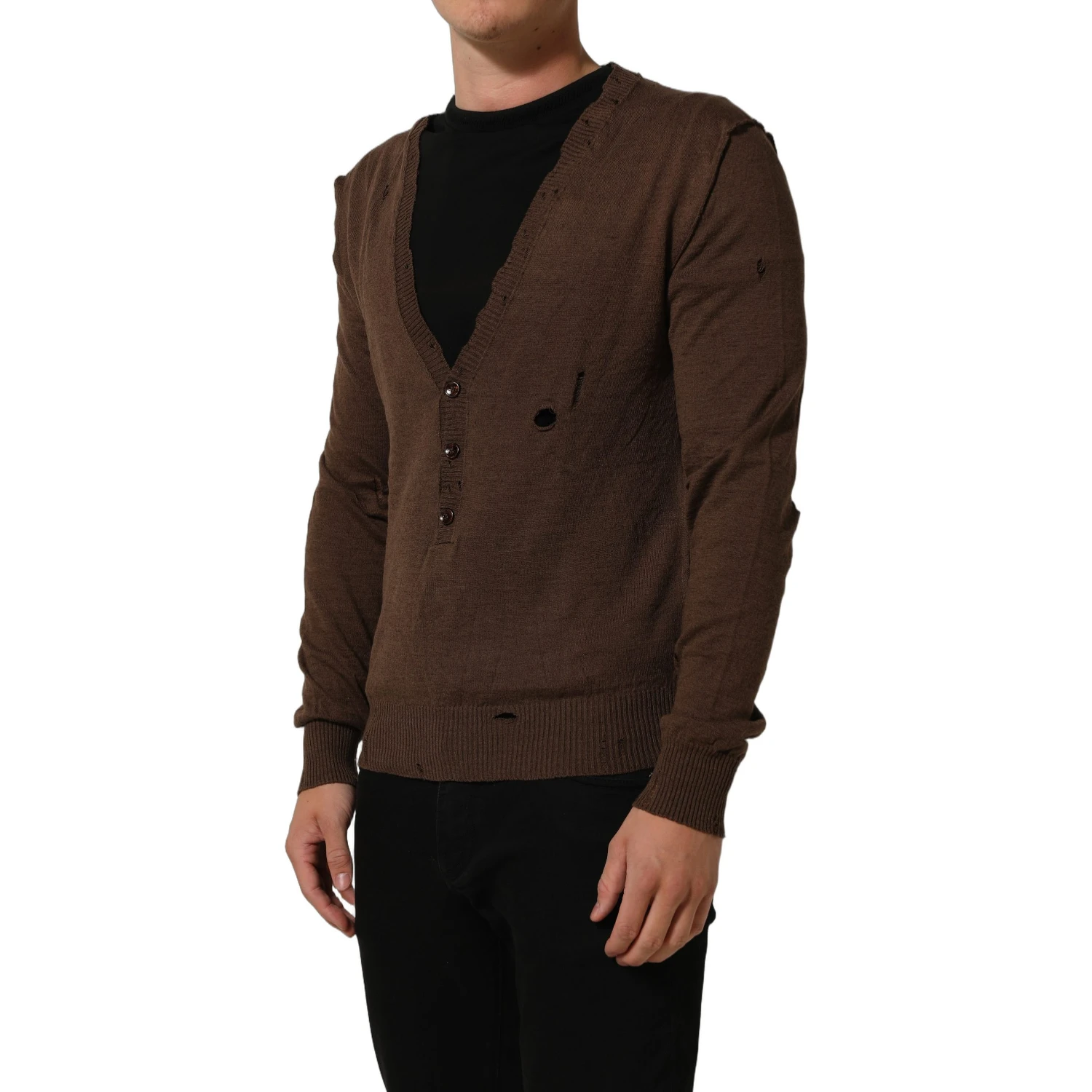 Brown Flax Buttoned V-neck Pullover Sweater