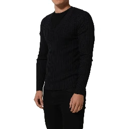 Black Silk Blend V-neck Pullover Men Sweater
