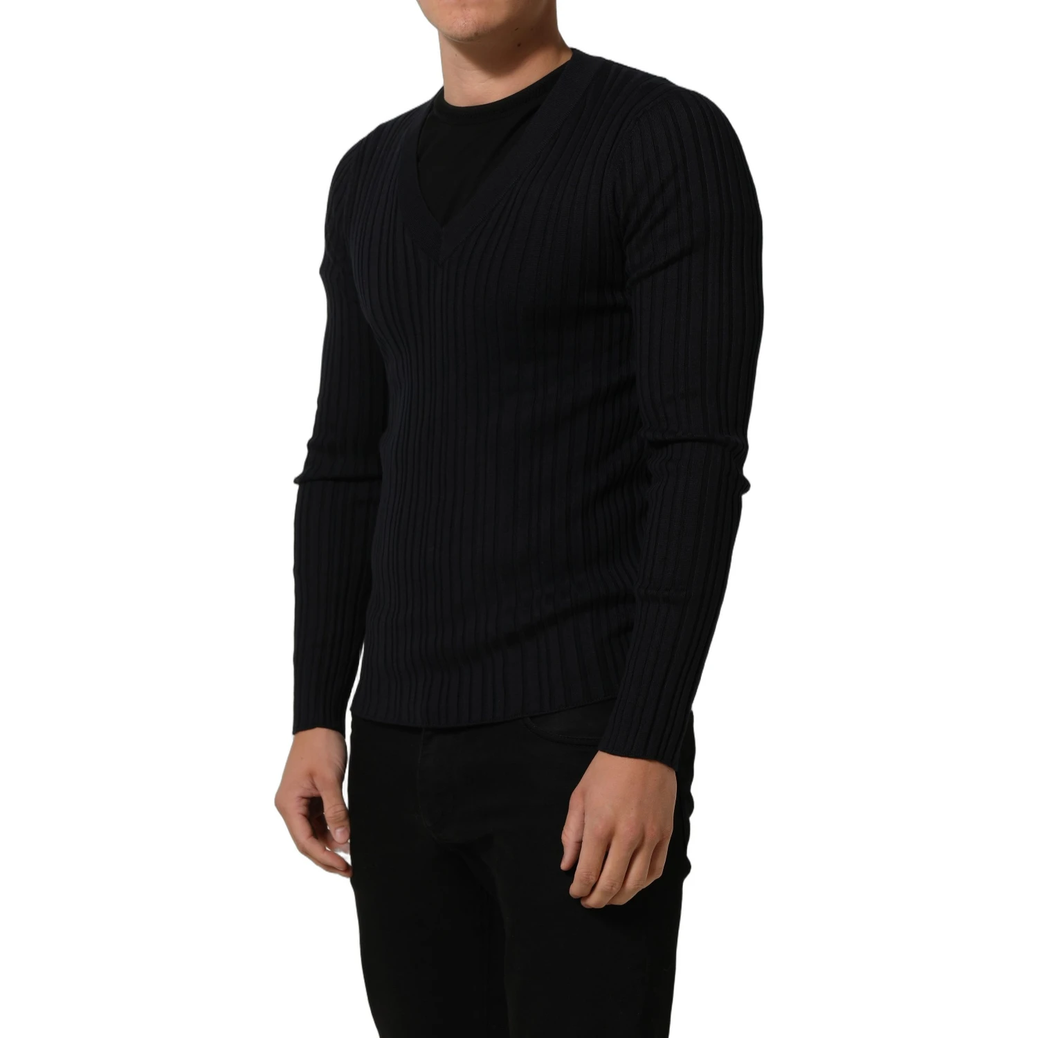 Black Silk Blend V-neck Pullover Men Sweater