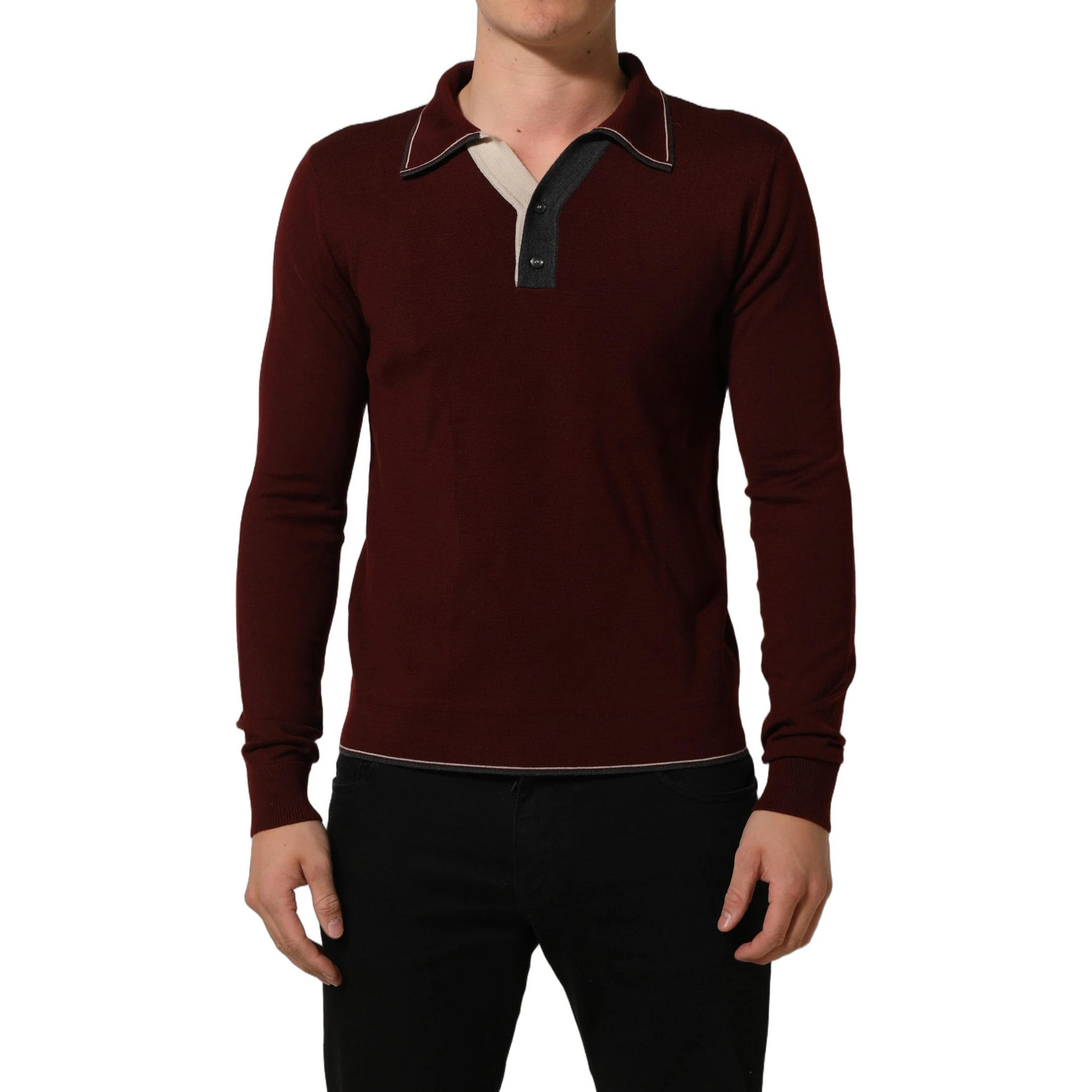 Burgundy Wool Knit Henley Pullover Sweater
