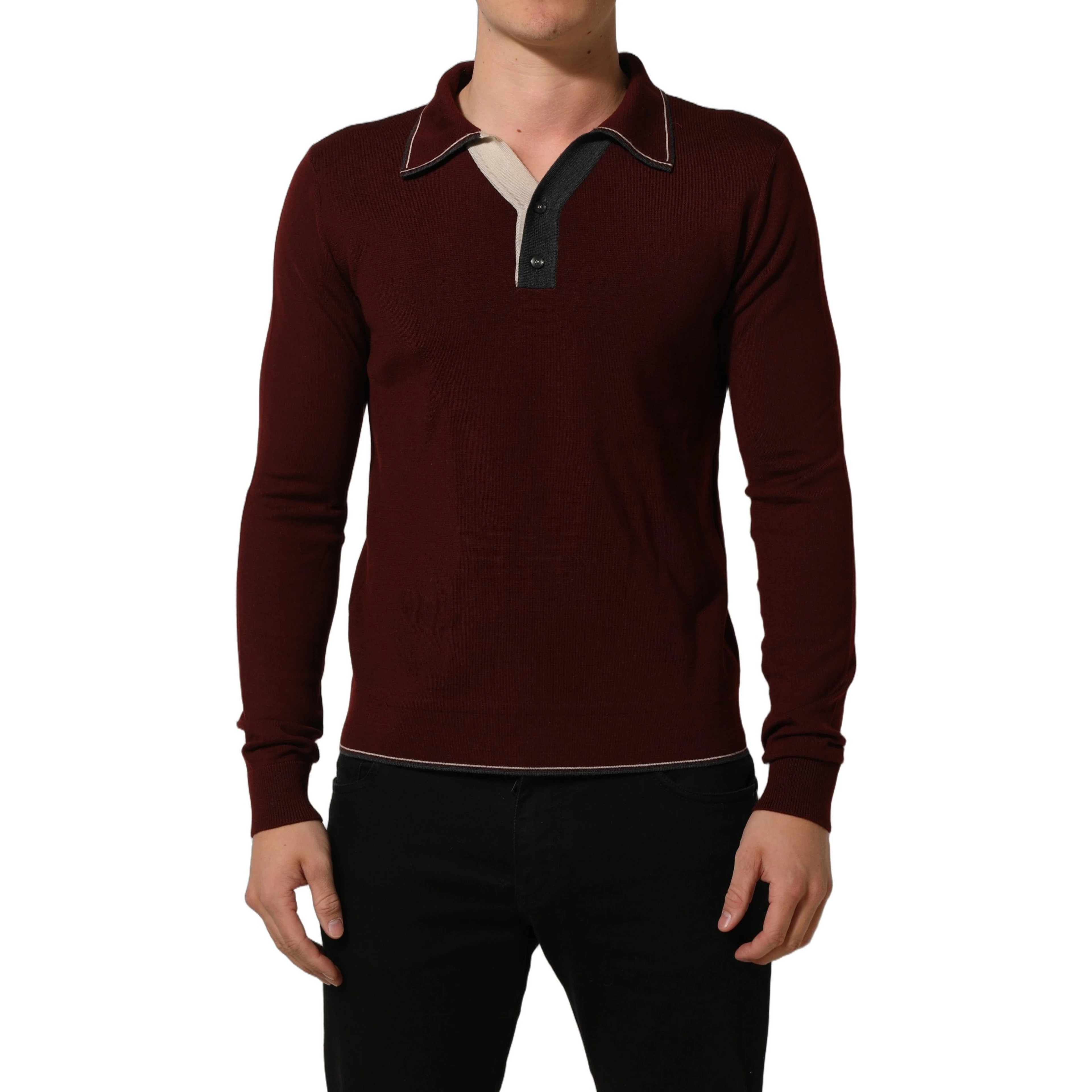 Burgundy Wool Knit Henley Pullover Sweater
