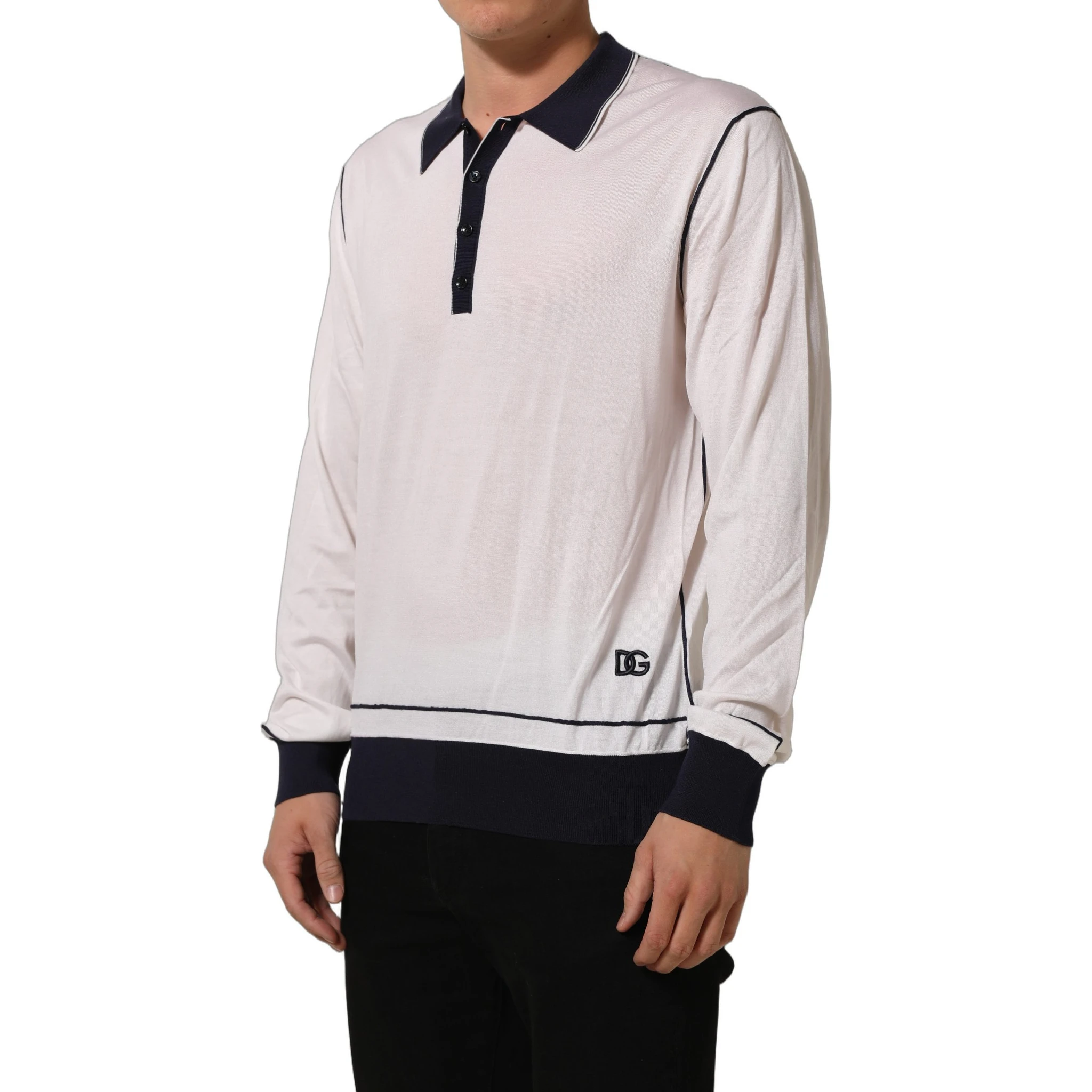 White Silk Collared Henley Pullover Sweater