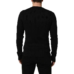 Black Silk Blend Henley Pullover Men Sweater
