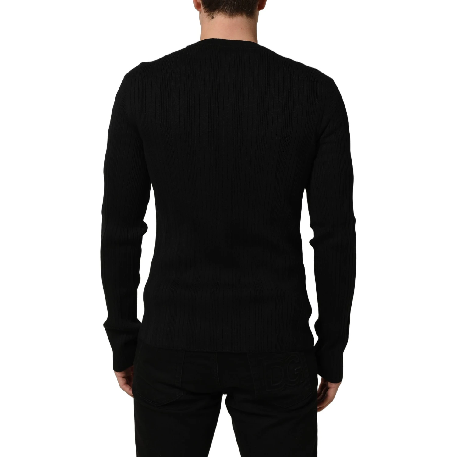 Black Silk Blend Henley Pullover Men Sweater