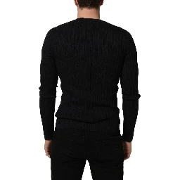 Black Silk Blend V-neck Pullover Men Sweater