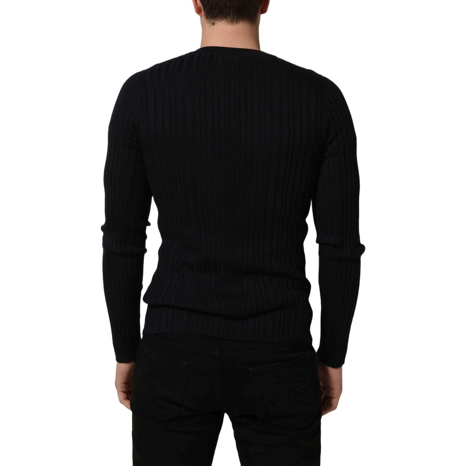 Black Silk Blend V-neck Pullover Men Sweater